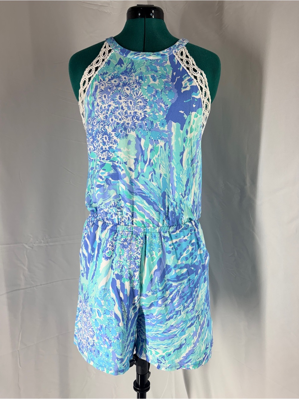 Lilly Pulitzer LaLa Lace Blue & Teal Printed Crochet-Trim One-Piece